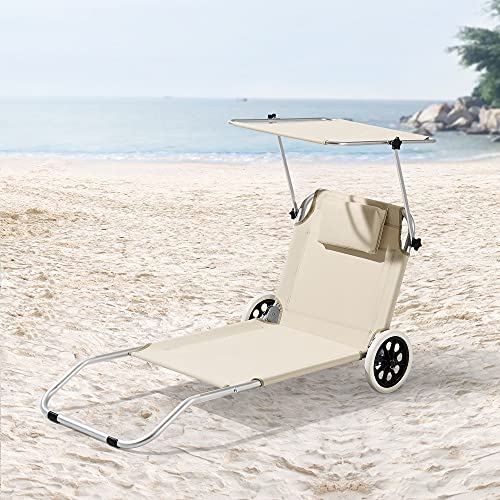 [en.casa] Tumbona con 2 Ruedas Lazkano 150 x 62 cm Silla de Playa con Parasol Respaldo Ajustable para Jardín Terraza Patio Piscina Playa hasta 110 kg Beige