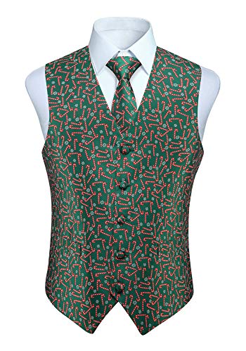 Enlision Chaleco con Estampado de bastón de Navidad para Hombre Chalecos Felices Corbata Pañuelo Chaleco Conjunto Verde