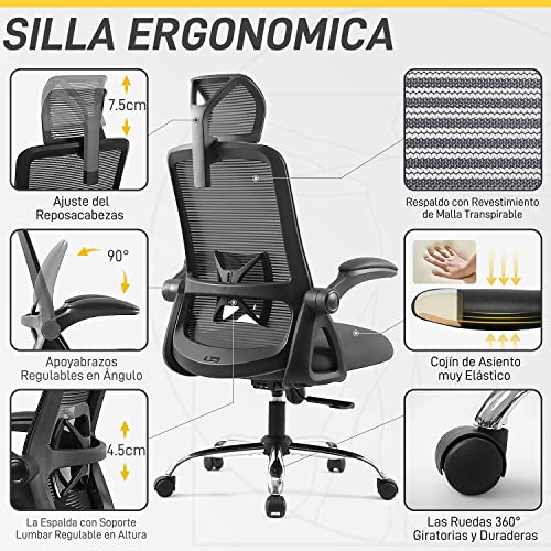 EPLUS LIVING Silla de Oficina Ergonómica, Silla Ergonómica Silla de Escritorio con Reposacabezas Ajustable y Apoyabrazos Giratorios de 90°, Silla con Soporte Lumbar, Carga máxima 150 kg