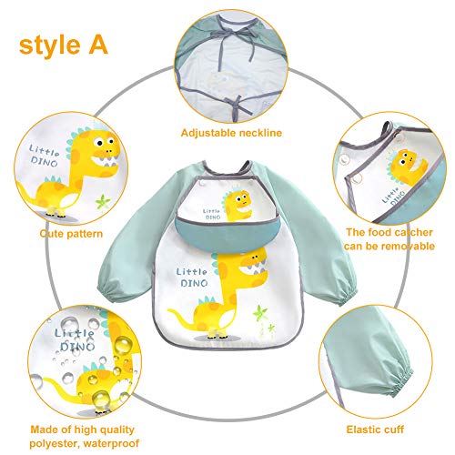 EQLEF Bebe Babero Manga Larga, Delantal Impermeable con Baberos para Alimentación, Pintura para Niños, Lavable para Bebés de 1 a 3 Años (2 Unidades) (Verde)