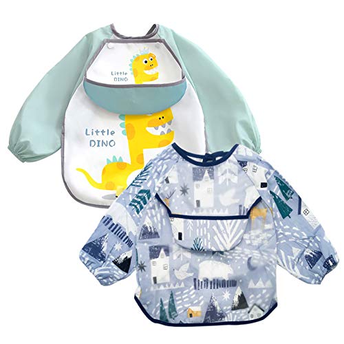 EQLEF Bebe Babero Manga Larga, Delantal Impermeable con Baberos para Alimentación, Pintura para Niños, Lavable para Bebés de 1 a 3 Años (2 Unidades) (Verde)