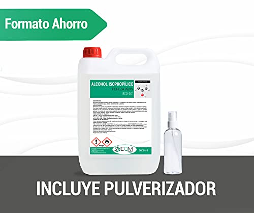 EQM Soluciones Químicas ECO-301 | 5 L | Alcohol Isopropílico 99,9% Puro | Limpieza componentes electrónicos, Objetivos, Pantallas. Desinfección y Limpieza Superficies. Incluye PULVERIZADOR 100 ML