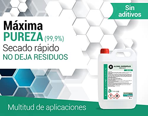 EQM Soluciones Químicas ECO-301 | 5 L | Alcohol Isopropílico 99,9% Puro | Limpieza componentes electrónicos, Objetivos, Pantallas. Desinfección y Limpieza Superficies. Incluye PULVERIZADOR 100 ML