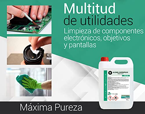 EQM Soluciones Químicas ECO-301 | 5 L | Alcohol Isopropílico 99,9% Puro | Limpieza componentes electrónicos, Objetivos, Pantallas. Desinfección y Limpieza Superficies. Incluye PULVERIZADOR 100 ML