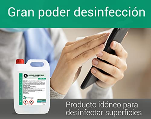 EQM Soluciones Químicas ECO-301 | 5 L | Alcohol Isopropílico 99,9% Puro | Limpieza componentes electrónicos, Objetivos, Pantallas. Desinfección y Limpieza Superficies. Incluye PULVERIZADOR 100 ML