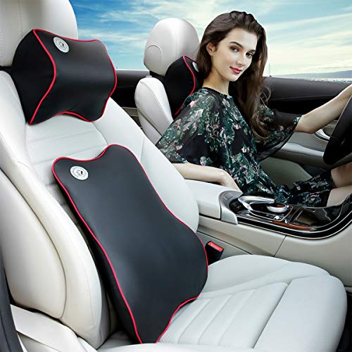 Ergocar Almohada de Respaldo Lumbar & Almohada de Cuello, Cojin Lumbar Coche - Cojín de Asiento para Coche para Alivio de Dolor de Espalda & Cuello Cojín para Casa, Oficina, Coche (Negro-Rojo)