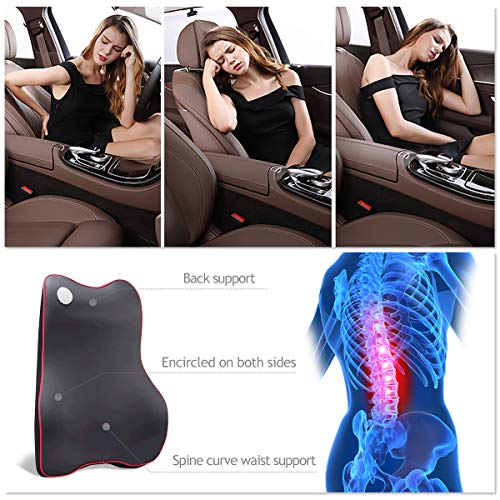 Ergocar Almohada de Respaldo Lumbar & Almohada de Cuello, Cojin Lumbar Coche - Cojín de Asiento para Coche para Alivio de Dolor de Espalda & Cuello Cojín para Casa, Oficina, Coche (Negro-Rojo)