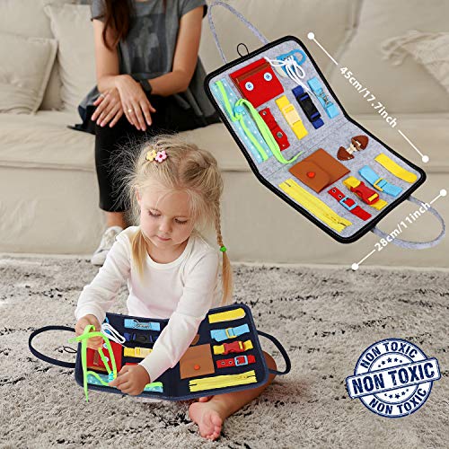 Esjay Busy Board para niños pequeños, juguetes Montessori para aprender habilidades motoras finas, tablero sensorial educativo con hebillas, actividades para niños pequeños para viajar (gris)