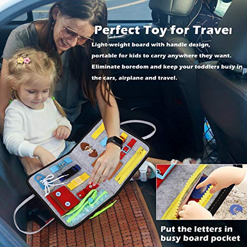 Esjay Busy Board para niños pequeños, juguetes Montessori para aprender habilidades motoras finas, tablero sensorial educativo con hebillas, actividades para niños pequeños para viajar (gris)