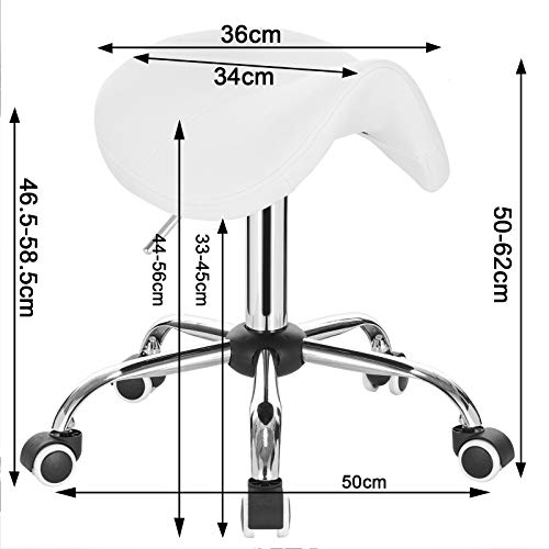 EUGAD Taburete con Ruedas Taburete de Trabajo Giratorio Regulable En Altura PU Silla Giratoria Taburete de Bar Piel Sintética Taburete de Peluquería Blanco