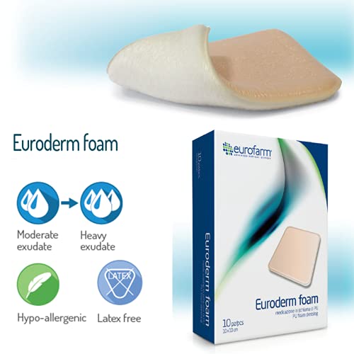 Euroderm Foam( cm 15 x cm 15 ) Apósito de Espuma de Poliuretano Altamente Absorbente con Area Hydro Activa Completa, Paquete de 5 Unidades