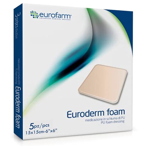 Euroderm Foam( cm 15 x cm 15 ) Apósito de Espuma de Poliuretano Altamente Absorbente con Area Hydro Activa Completa, Paquete de 5 Unidades