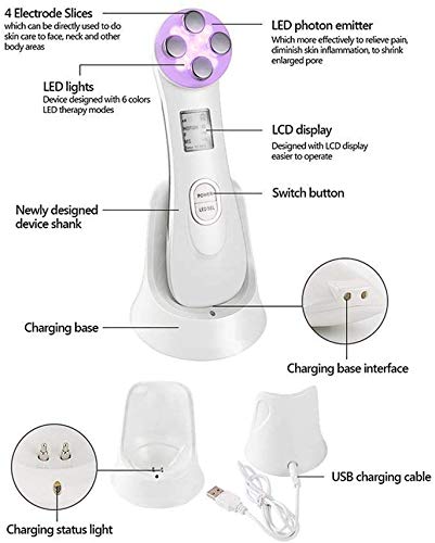 Facial Aparato Radiofrecuencia, Aparato Facial Ultrasonido, 5 Modos de Terapia de luz LED, Antiarrugas, Anti-envejecimiento, Rejuvenecimiento, Limpieza Profunda, Cuidado Facial, Buen Regalo para Damas