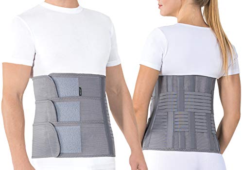 Faja de sujeción para la espalda; cinturón lumbar de soporte con fijación rígida; 6 refuerzos / 31cm de altura; para personas con gran circunferencia en la cintura Large Gris