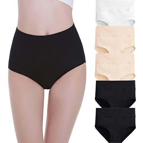 FALARY Bragas Algodón Mujer Cintura Alta Pack de 5 Negro Beige Blanco XXL