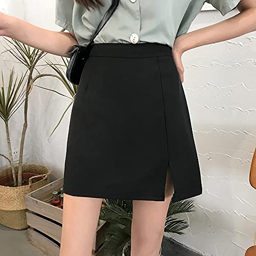 Falda Mujer Femenina Sólida De Estilo Preppy Harajuku Moda De Cintura Alta A-Line Falda De Mujer Primavera Dividida para Mujer por Encima De La Rodilla Mini Falda Linda M Negro