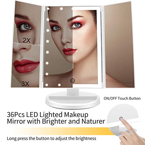 FASCINATE Espejo Maquillaje con Luz,Tríptica Aumentos 10x, 3X, 2X,1x Magnetismo Extraíble Espejo 10 Aumentos Rotación Ajustable de 180° Espejo de Maquillaje 36 Leds Carga con USB o Batería