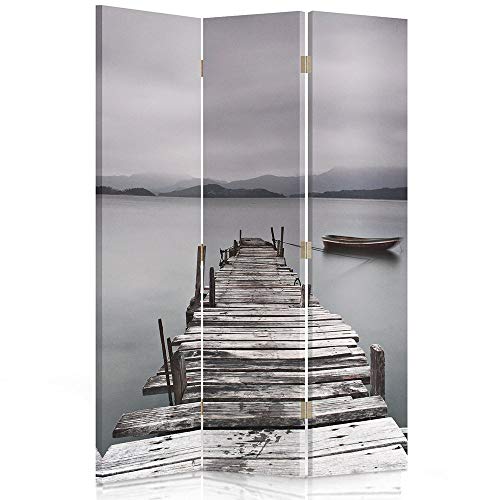 Feeby Frames Biombo Impreso sobre Lona, tabique Decorativo para Habitaciones, a una Cara, de 3 Piezas (110x150 cm), Puente, Lago, Gris