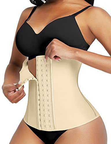 FeelinGirl Látex Corsé de Entrenamiento Faja Postparto Reductora 9 Aceros Corset Transpirable para Mujer Faja Lumbar con Ganchos Beige XXS/Tallla 30(Cintura 52-57cm