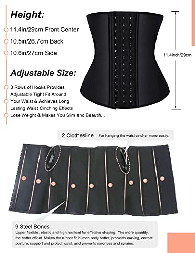 FeelinGirl Látex Corsé de Entrenamiento Transpirable 9 Aceros Deshuesados Faja Lumbar con Ganchos para Mujer Fitness y Ejercicio Negro Cintura 57-62cm(XS/Talla 32)