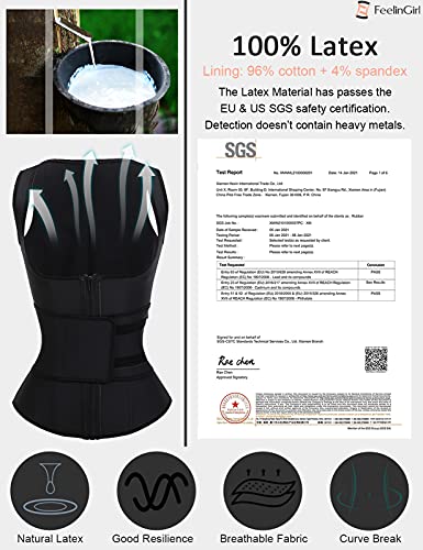 FeelinGirl Látex Corset Reductor Chaleco de Entrenamiento para Mujer 9 Aceros Faja Lumbar con Cremallera y Cinturón Fitness y Ejercicio Negro L