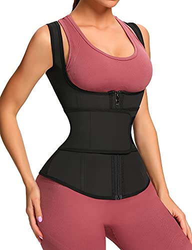 FeelinGirl Látex Corset Reductor Chaleco de Entrenamiento para Mujer 9 Aceros Faja Lumbar con Cremallera y Cinturón Fitness y Ejercicio Negro L