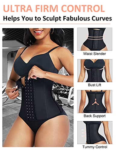 FeelinGirl Látex Corset Reductor Mujer de Entrenamiento Transpirable 9 Aceros Deshuesados Faja Lumbar con Ganchos para Mujer Fitness y Ejercicio Negro Cintura 62-67cm(S/Talla 34-36)