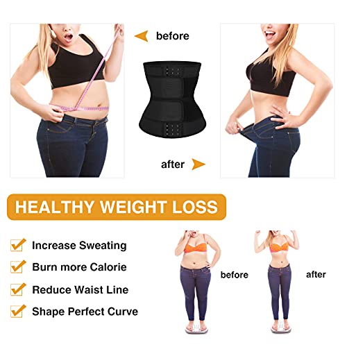 FeelinGirl Mujer Corsé Caucho con Cinturón con Bolsillo Interior Entrenador de Cintura Faja Lumbar Reductora con 7 Huesos Aceros Underbust con Ganchos y Velcro Waist Trainer Negro L/Talla 42