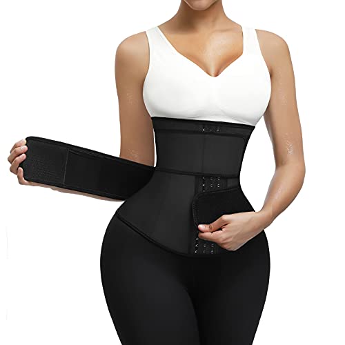 FeelinGirl Mujer Corsé Caucho con Cinturón con Bolsillo Interior Entrenador de Cintura Faja Lumbar Reductora con 7 Huesos Aceros Underbust con Ganchos y Velcro Waist Trainer Negro L/Talla 42