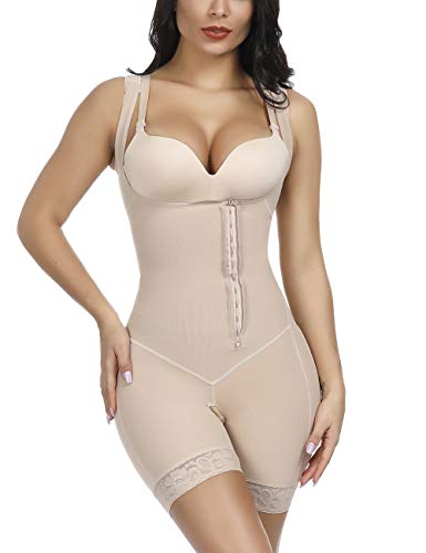 FeelinGirl Mujer Faja Reductora con Cinta Ajustable Corsé Bustier Ajustable Cremallera Shapewear Corset Waist Trainer Beige S/Talla 34-36