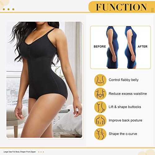 FeelinGirl Mujer Faja Reductora con Tirantes Ajustables Cubre Busto Cremallera Frontal Corset de Cuerpo Completo Braga Moldeadora Shapewear Overbust Body Shaper Gran Tamaño Negro 6XL/Talla 54-56