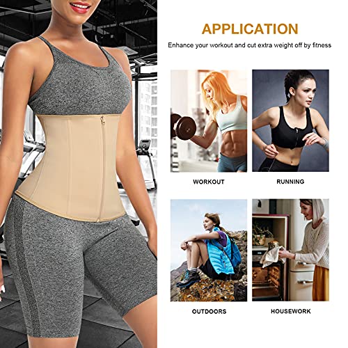 FeelinGirl Mujer Neopreno Corsé Lumbar con 6 Huesos Aceros Faja Reductora Postparto con Cremallera y Velcro Waist Trainer Deportivo Beige Cintura 94-100cm(4XL/Talla 48)