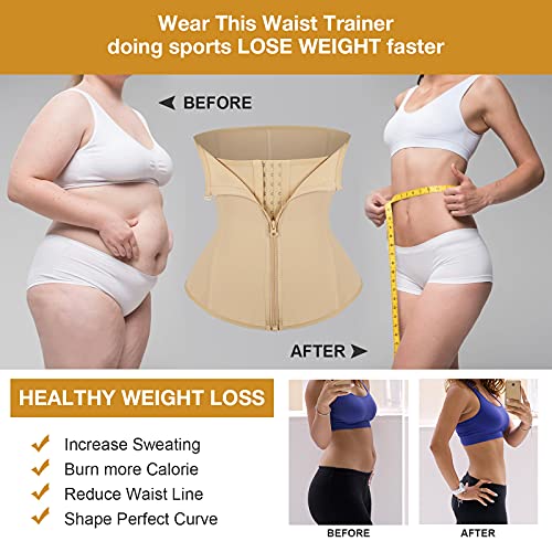 FeelinGirl Mujer Neopreno Corsé Lumbar con 6 Huesos Aceros Faja Reductora Postparto con Cremallera y Velcro Waist Trainer Deportivo Beige Cintura 94-100cm(4XL/Talla 48)