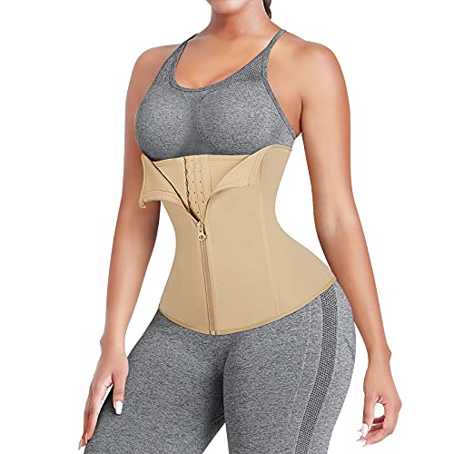 FeelinGirl Mujer Neopreno Corsé Lumbar con 6 Huesos Aceros Faja Reductora Postparto con Cremallera y Velcro Waist Trainer Deportivo Beige Cintura 94-100cm(4XL/Talla 48)