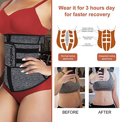 FeelinGirl Mujer Neopreno Corsé Lumbar con 7 Huesos Aceros Faja Reductora Postparto con Cremallera y Velcro Waist Trainer Deportivo Gris L/Talla 40