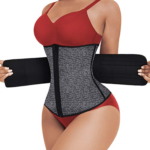 FeelinGirl Mujer Neopreno Corsé Lumbar con 7 Huesos Aceros Faja Reductora Postparto con Cremallera y Velcro Waist Trainer Deportivo Gris L/Talla 40