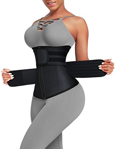 FeelinGirl Mujer Neopreno Corsé Lumbar con 7 Huesos Aceros Faja Reductora Postparto con Cremallera y Velcro Waist Trainer Deportivo Negro 3XL/Talla 50