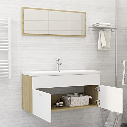 Festnjght Mueble de Baño Urban, Módulo de Lavabo con Espejo, Color Blanco Roble Sonoma, 100 x 38,5 x 46 cm