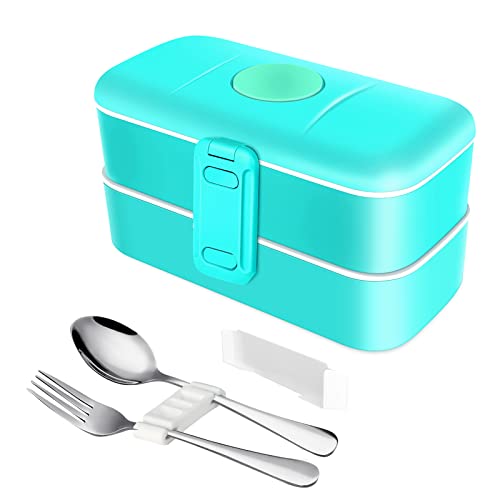 Fiambrera Bento Box de Doble Capa, con Cubiertos de Acero Inoxidable, 1000ml, Material PP, Apta para Microondas, Lavavajillas y Frigorífico, Hermética, Fiambrera para Adultos y Niños sin BPA