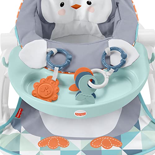 Fisher-Price Asiento elevador plegable con bandeja, estampado pingüino, regalo para bebés hasta 11 kg (Mattel HBF27)