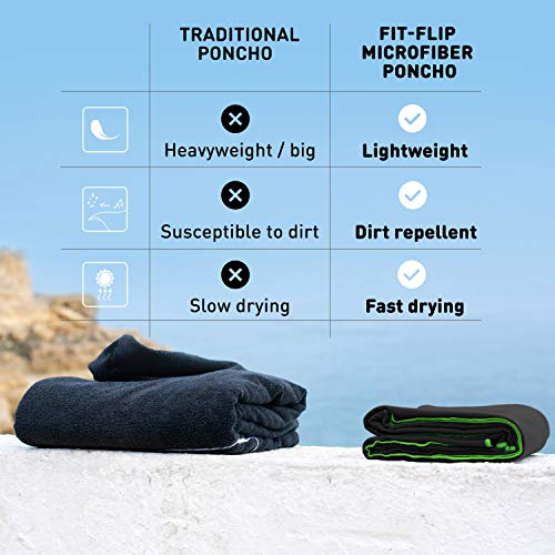 Fit-Flip Poncho de Surf para Hombres y Mujeres – Ligero, Compacto y de Secado rápido – Toalla Poncho Adulto – Poncho Playa, Toalla Poncho – Toalla con Capucha Surf – Color: Negro-Verde| Tamaño: L