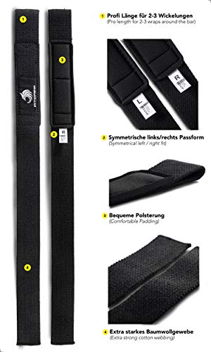 Fitgriff® Straps Powerlifting, Levantamiento de Pesas, Agarres para Gym, Agarraderas Gimnasio, Peso Muerto - Lifting Straps - Mujeres y Hombres - Black Original