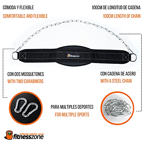 Fitness Zone | Cinturón de Lastre Cómodo y Transpirable con Cadena de Acero de 100 cm y Mosquetones | Especial para Dominadas, Barras Paralelas, Otros Ejercicios de Calistenia, Fitness y Crossfit