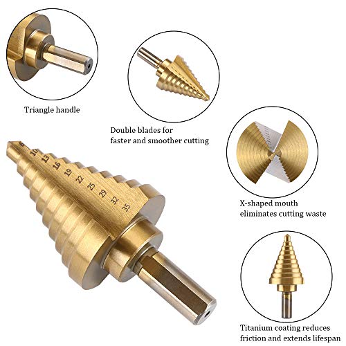 flintronic Broca Escalonada, 5 PCS Broca Cónica HSS Titanio, Punzón Central Automático, Acero de Alta Velocidad, para Taladrar con Destornillador en Acero, Madera, Plástico, Latón, Aluminio, PVC