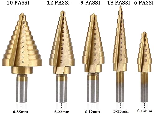 flintronic Broca Escalonada, 5 PCS Broca Cónica HSS Titanio, Punzón Central Automático, Acero de Alta Velocidad, para Taladrar con Destornillador en Acero, Madera, Plástico, Latón, Aluminio, PVC