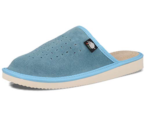 FOOTHUGS Zapatillas de estar por casa para mujer - Pantuflas de ante natural, plantilla de espuma con memoria y plantilla para mayor comodidad y postura corporal saludable, color Azul, talla 39 EU