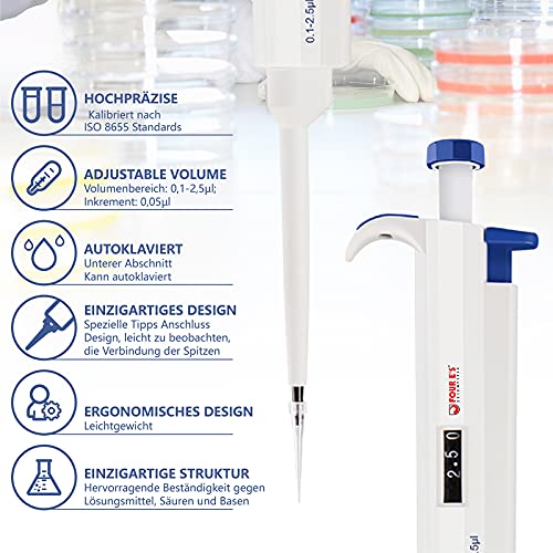 Four E'S Scientific - Micropipeta para laboratorio, 0,1 – 2,5 μl, pipeta autoclavable, herramienta de laboratorio