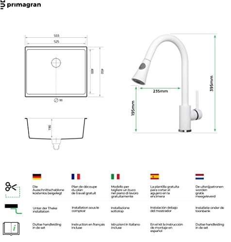 Fregadero bajo Encimera 55,5 x 45 cm, Fregadero Granito Un Seno + Grifo + Sifón Clásico, Fregadero Cocina London 60 de Primagran, Blanco