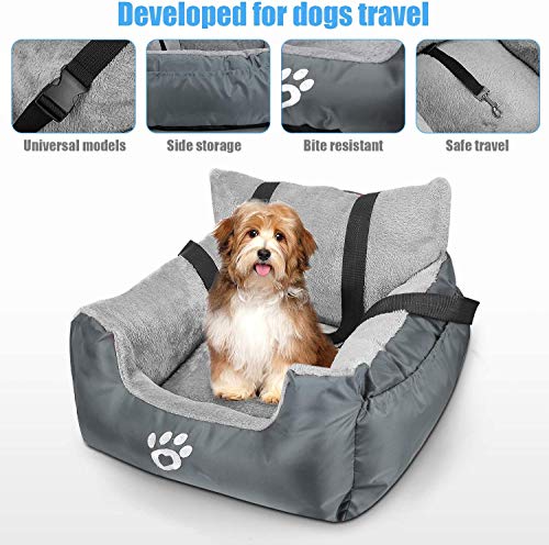 FRISTONE Asiento de Coche para Perros pequeños, Asiento de Coche Elevado para Perro Salchicha, Bulldog, con Correa de Seguridad con Clip y Bolsa de Almacenamiento，Gris