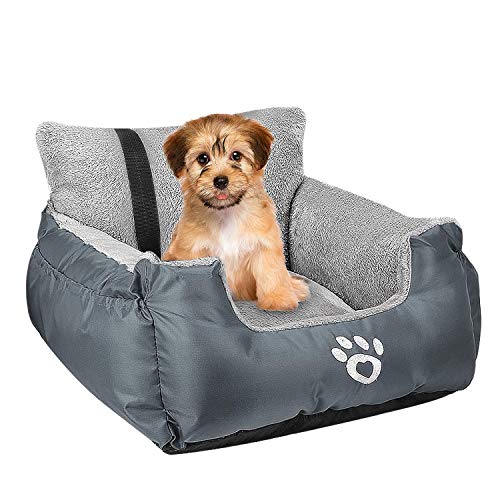 FRISTONE Asiento de Coche para Perros pequeños, Asiento de Coche Elevado para Perro Salchicha, Bulldog, con Correa de Seguridad con Clip y Bolsa de Almacenamiento，Gris